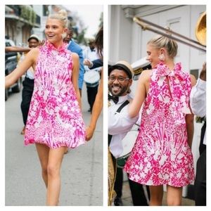 Tuckernuck Pink White Floral Blythe High Collar Bow Dress
